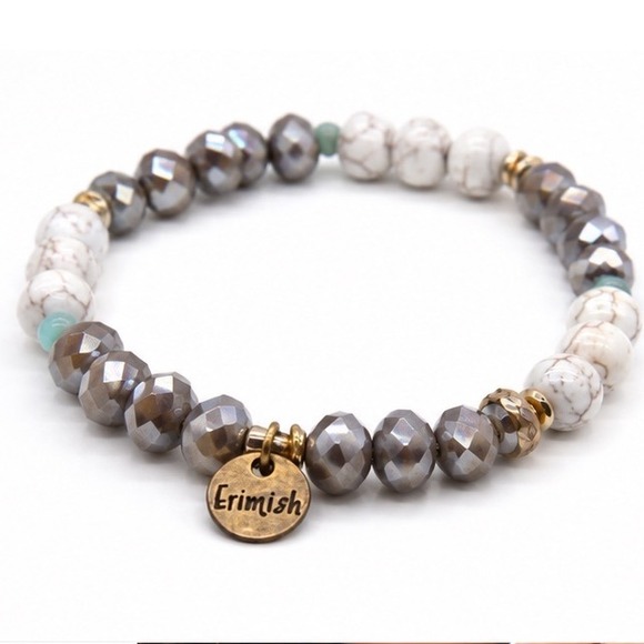 Erimish Jewelry - Erimish Beaded Stretch Bracelet Faceted Grey White Marble Gold Tone Logo Charm